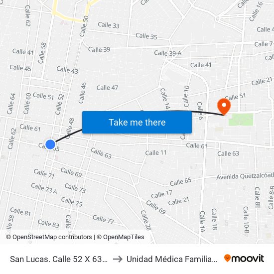 San Lucas. Calle 52 X 63 Y 65, Centro to Unidad Médica Familiar #59 (Imss) map