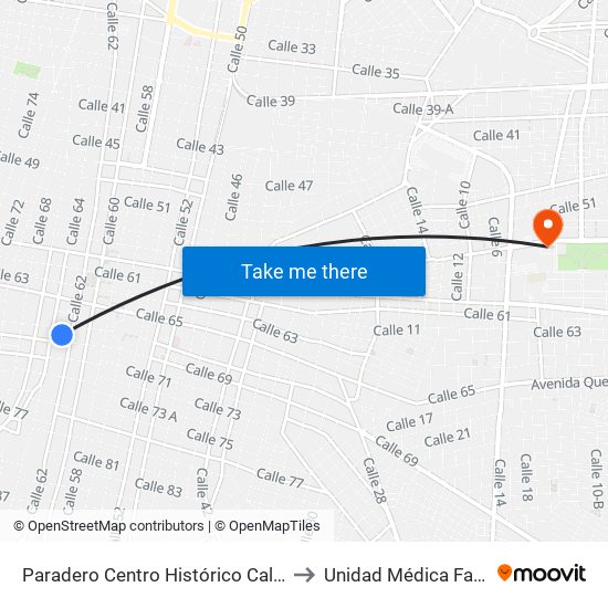 Paradero Centro Histórico Calle 67a Por 62 Y 64, Centro to Unidad Médica Familiar #59 (Imss) map