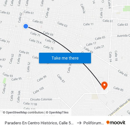 Paradero En Centro Histórico, Calle 58 Por 67 Y 69, Centro to Polifórum Zamná map