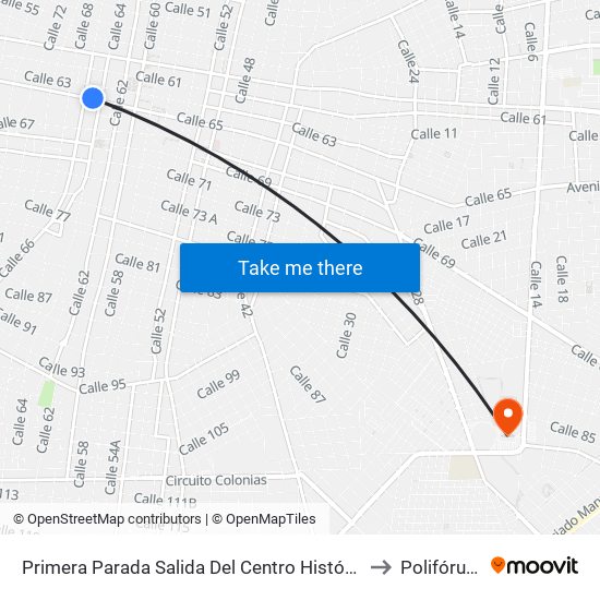 Primera Parada Salida Del Centro Histórico, Calle 65 Por 64 Y 66, Centro to Polifórum Zamná map