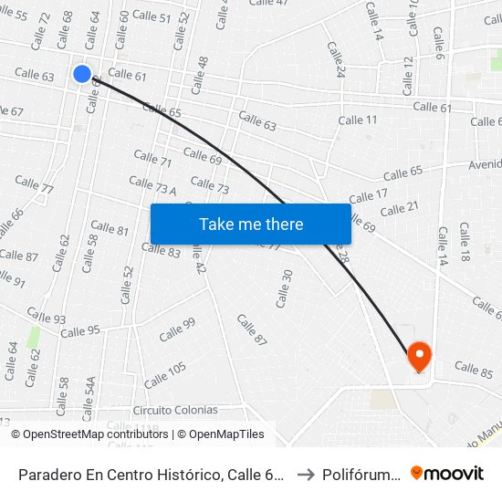 Paradero En Centro Histórico, Calle 64 Por 61 Y 63, Centro to Polifórum Zamná map