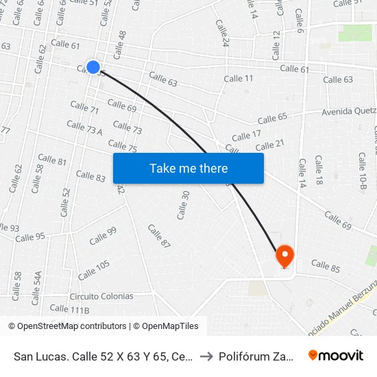 San Lucas. Calle 52 X 63 Y 65, Centro to Polifórum Zamná map