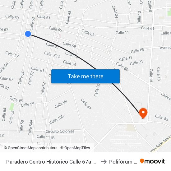 Paradero Centro Histórico Calle 67a Por 62 Y 64, Centro to Polifórum Zamná map