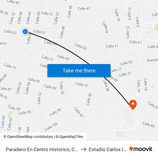 Paradero En Centro Histórico, Calle 64 Por 61 Y 63, Centro to Estadio Carlos Iturralde Rivero map