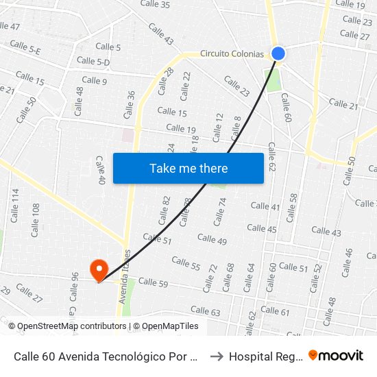 Calle 60 Avenida Tecnológico Por Circuito Colonias, Buenavista to Hospital Regional Militar map