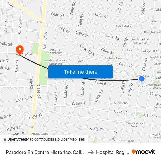 Paradero En Centro Histórico, Calle 64 Por 61 Y 63, Centro to Hospital Regional Militar map