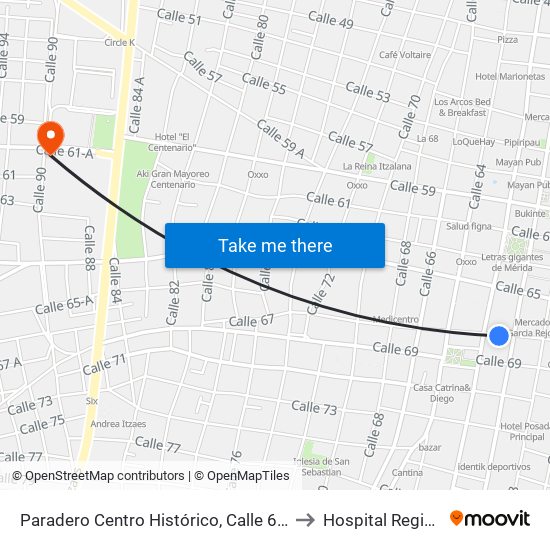 Paradero Centro Histórico, Calle 67 Por 62 Y 60, Centro to Hospital Regional Militar map