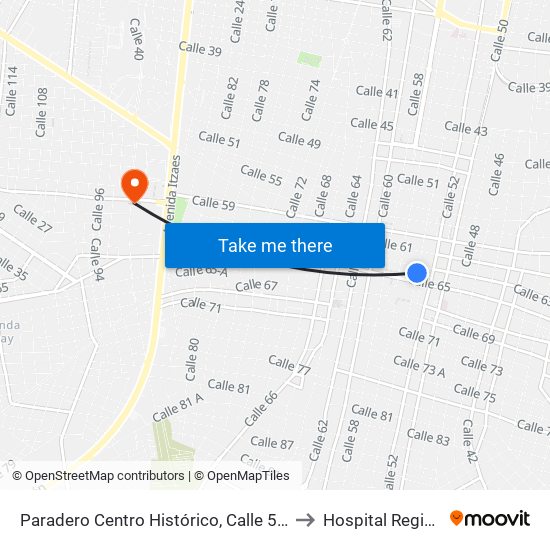 Paradero Centro Histórico, Calle 54 Por 63 Y 65, Centro to Hospital Regional Militar map