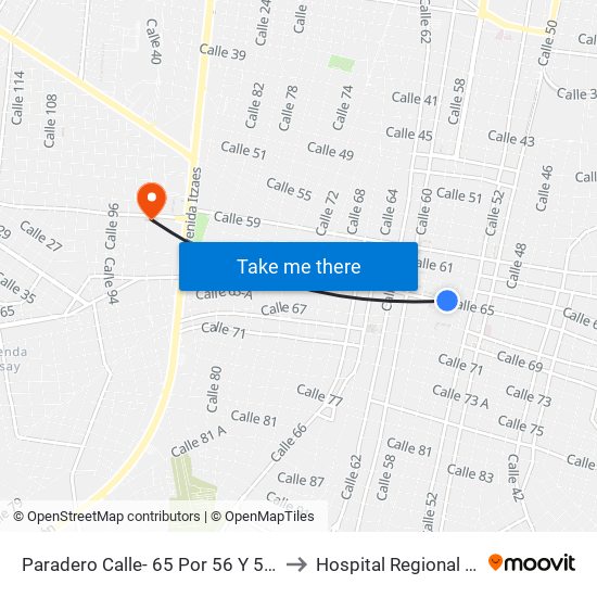 Paradero Calle- 65 Por 56 Y 54 Centro to Hospital Regional Militar map
