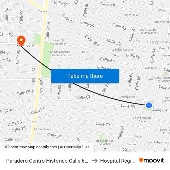 Paradero Centro Histórico Calle 67a Por 62 Y 64, Centro to Hospital Regional Militar map