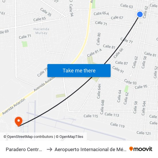 Paradero Centro Histórico, Calle 64 Por 67 Y 65, Centro to Aeropuerto Internacional de Mérida Manuel Crecencio Rejón (MID) (Aeropuerto Internacional de Mérida map