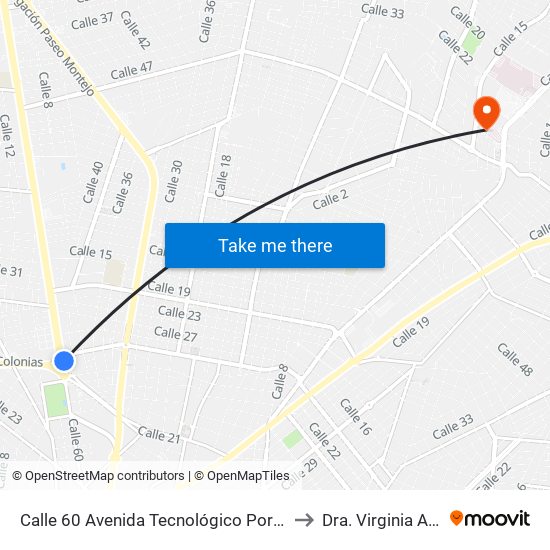 Calle 60 Avenida Tecnológico Por Circuito Colonias, Buenavista to Dra. Virginia Aranda Cazares map