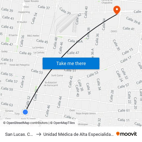 San Lucas. Calle 52 X 63 Y 65, Centro to Unidad Médica de Alta Especialidad (UMAE) Hospital Regional No 1 - Ignacio García Téllez map