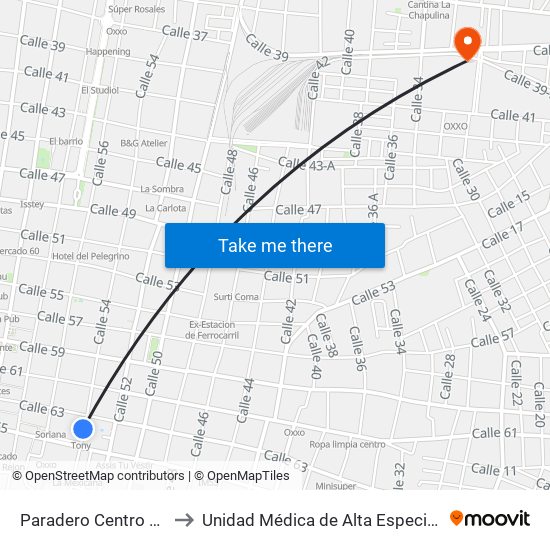 Paradero Centro Histórico, Calle 54 Por 63 Y 65, Centro to Unidad Médica de Alta Especialidad (UMAE) Hospital Regional No 1 - Ignacio García Téllez map