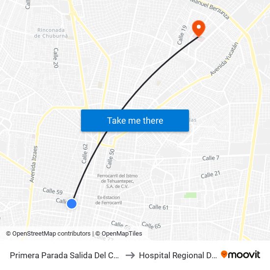 Primera Parada Salida Del Centro Histórico, Calle 65 Por 64 Y 66, Centro to Hospital Regional De Alta Especialidad De Yucatán map