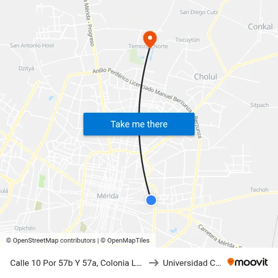 Calle 10 Por 57b Y 57a, Colonia Lázaro Cárdenas to Universidad Chapingo map
