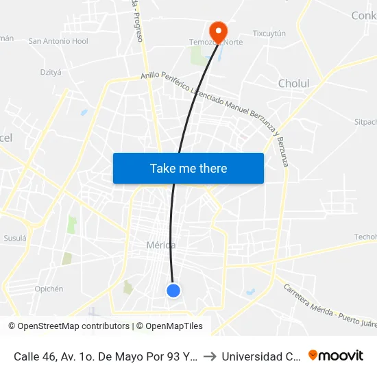 Calle 46, Av. 1o. De Mayo Por 93 Y 91, Santa Rosa to Universidad Chapingo map