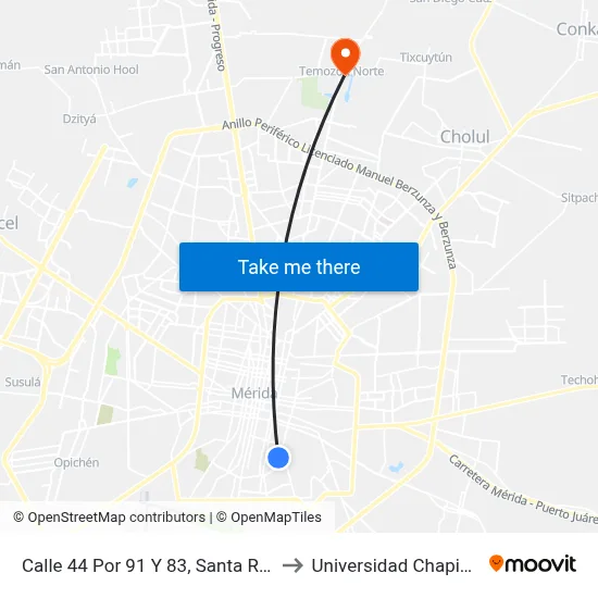 Calle 44 Por 91 Y 83, Santa Rosa to Universidad Chapingo map
