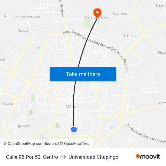 Calle 95 Por 52, Centro to Universidad Chapingo map