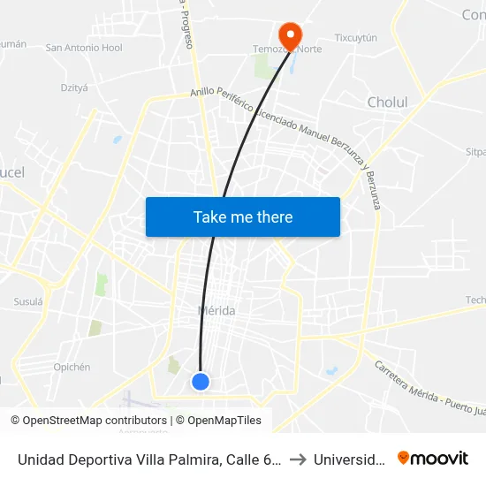 Unidad Deportiva Villa Palmira, Calle 62 Por 95 Y 103, Delio Moreno Cantón to Universidad Chapingo map