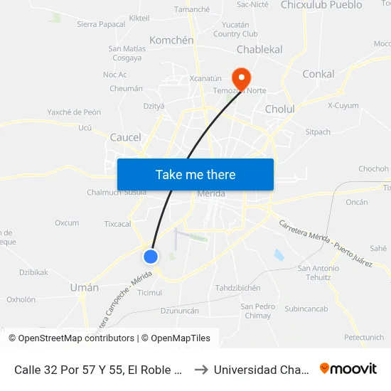 Calle 32 Por 57 Y 55, El Roble Agricola to Universidad Chapingo map