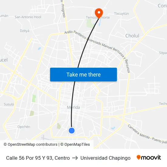 Calle 56 Por 95 Y 93, Centro to Universidad Chapingo map