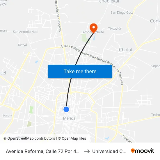 Avenida Reforma, Calle 72 Por 43 Y 41, Centro to Universidad Chapingo map