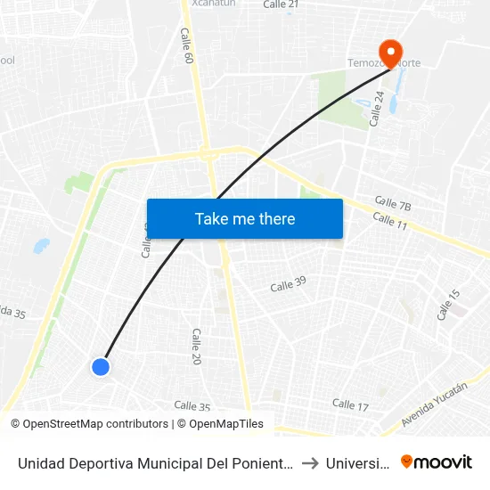 Unidad Deportiva Municipal Del Poniente Chenkú, Calle 19 Por 34 Y 36 San Luis Chuburná to Universidad Chapingo map