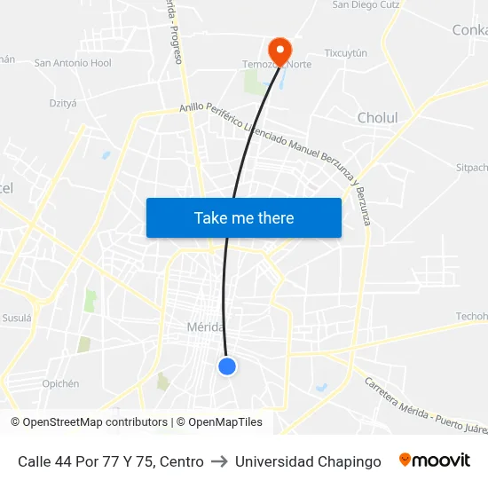 Calle 44 Por 77 Y 75, Centro to Universidad Chapingo map