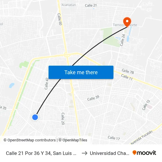 Calle 21 Por 36 Y 34, San Luis Chuburná to Universidad Chapingo map
