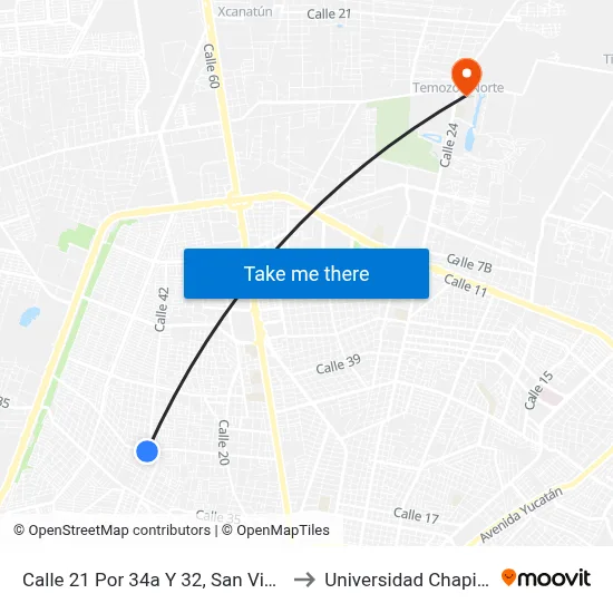 Calle 21 Por 34a Y 32, San Vicente to Universidad Chapingo map