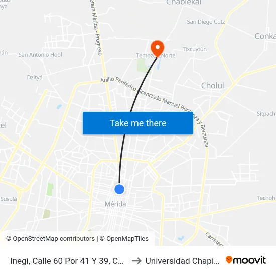 Inegi, Calle 60 Por 41 Y 39, Centro to Universidad Chapingo map