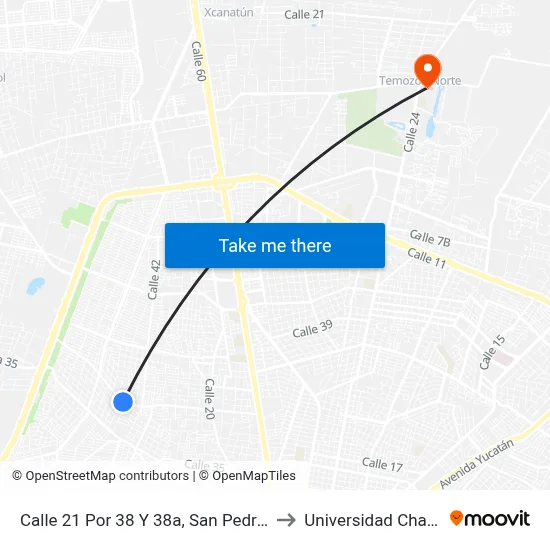 Calle 21 Por 38 Y 38a, San Pedro Uxmal to Universidad Chapingo map