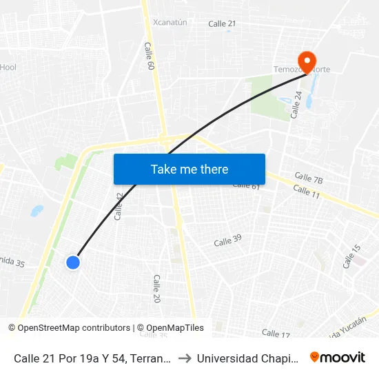 Calle 21 Por 19a Y 54, Terranova to Universidad Chapingo map