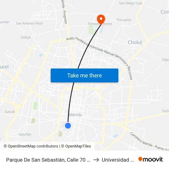 Parque De San Sebastián, Calle 70 Por 75  Y 77, Centro to Universidad Chapingo map