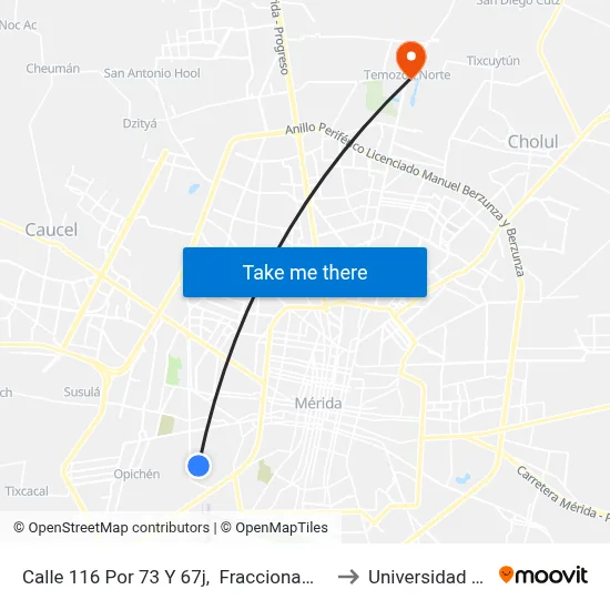Calle 116 Por 73 Y 67j,  Fraccionamiento Nueva Mulsay to Universidad Chapingo map