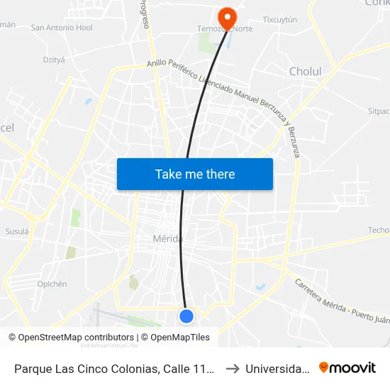 Parque Las Cinco Colonias, Calle 115 Por 46 Y 46a, Cinco Colonias to Universidad Chapingo map