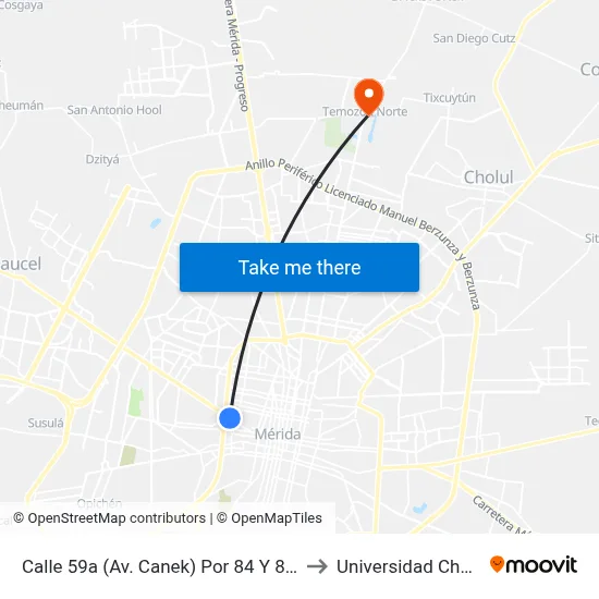 Calle 59a (Av. Canek) Por 84 Y 84a Centro to Universidad Chapingo map
