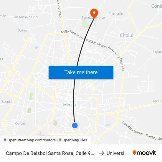 Campo De Beisbol Santa Rosa, Calle 95 Por Avenida 1o. De Mayo Y 46a, Santa Rosa to Universidad Chapingo map