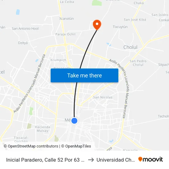 Inicial Paradero, Calle 52 Por 63 Y 65, Centro to Universidad Chapingo map