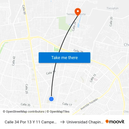 Calle 34 Por 13 Y 11 Campestre to Universidad Chapingo map