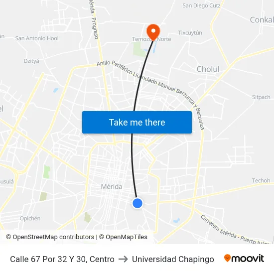 Calle 67 Por 32 Y 30, Centro to Universidad Chapingo map