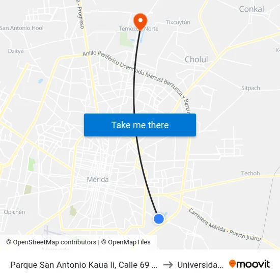 Parque San Antonio Kaua Ii, Calle 69 Por 66 Y 36, San Antonio Kaua I to Universidad Chapingo map