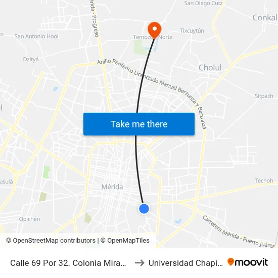 Calle 69 Por 32. Colonia Miraflores. to Universidad Chapingo map