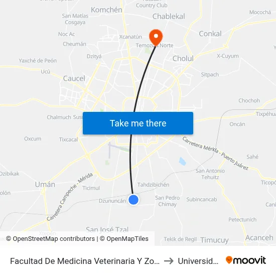 Facultad De Medicina Veterinaria Y Zootecnia Uady, Comisaría De Xmatkuil to Universidad Chapingo map