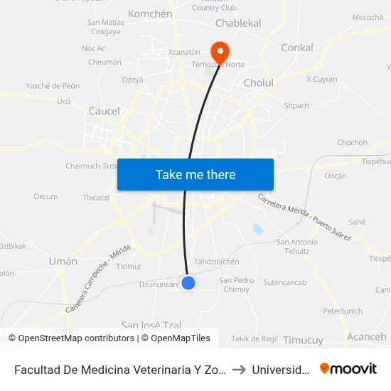 Facultad De Medicina Veterinaria Y Zootecnia Uady, Comisaría De Xmatkuil to Universidad Chapingo map