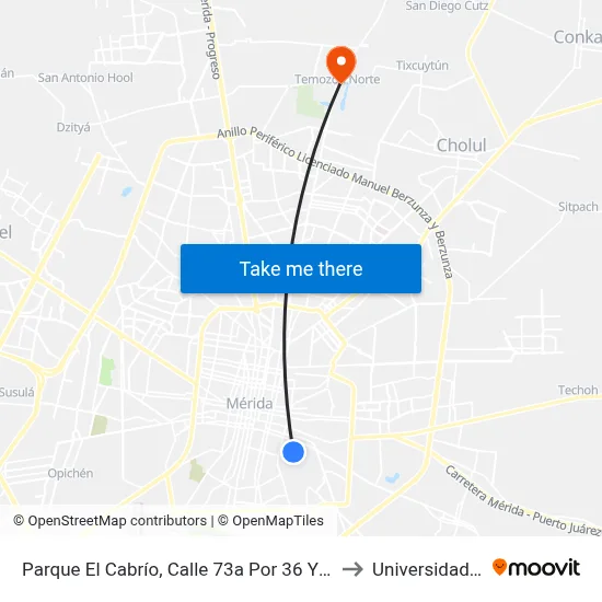 Parque El Cabrío, Calle 73a Por 36 Y 34, Colonia Vicente Solís to Universidad Chapingo map