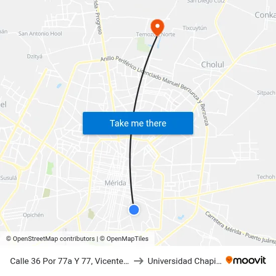 Calle 36 Por 77a Y 77, Vicente Solís to Universidad Chapingo map
