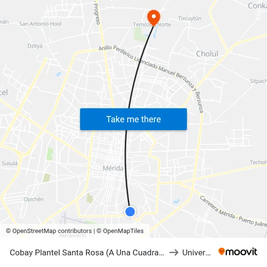 Cobay Plantel Santa Rosa (A Una Cuadra Sobre Avenida 1o. De Mayo), Calle 42 Por 107 Y 113, Santa Rosa to Universidad Chapingo map