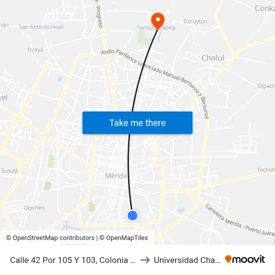 Calle 42 Por 105 Y 103, Colonia San José to Universidad Chapingo map